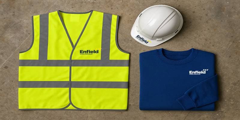Hi-vis yellow vest, blue sweater and white hard hat branded